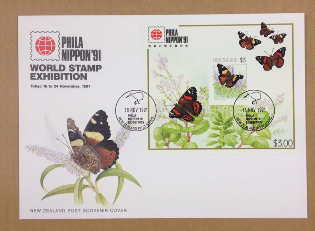 NEW ZEALAND 1991 Philanippon $3 Butterfly miniature sheet on first day cover. - 521022 - FDC image 0