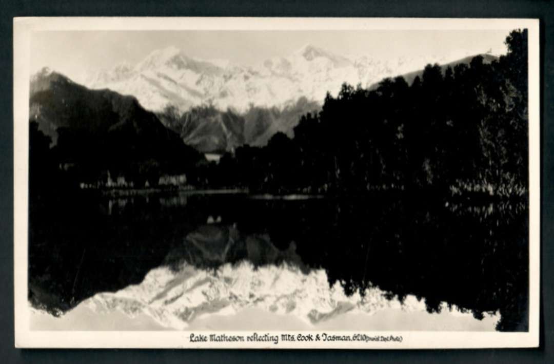 Real Photograph by A B Hurst & Son of Lake Matheson showing Mts Cook and Tasman. - 48798 - Postcard image 0