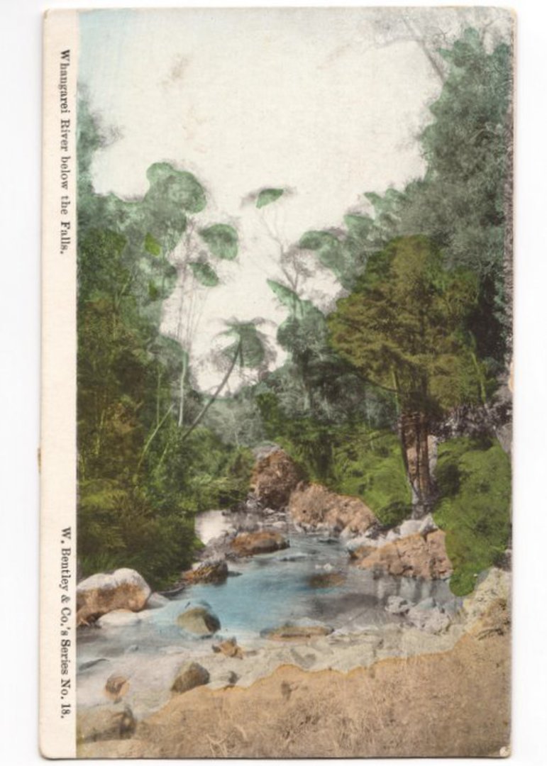 Coloured postcard of Whangarei River below the Falls. - 44978 - Postcard image 0