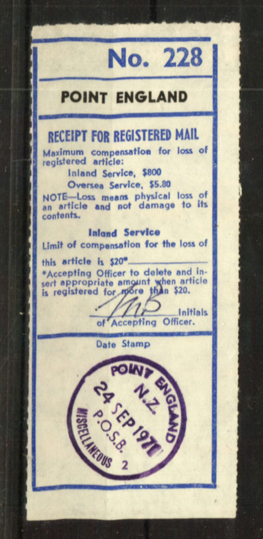 NEW ZEALAND Postmark Auckland POINT ENGLAND P.O.S.B. Used on a Registration Label dated 24/9/71. Evidence of Post Office practic image 0