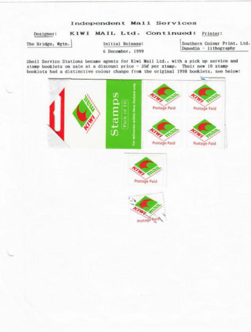 NEW ZEALAND Alternative Postal Operator Kiwimail Limited 1999 Booklet mint stamp on original backing and used stamp. - 19825 - M image 0