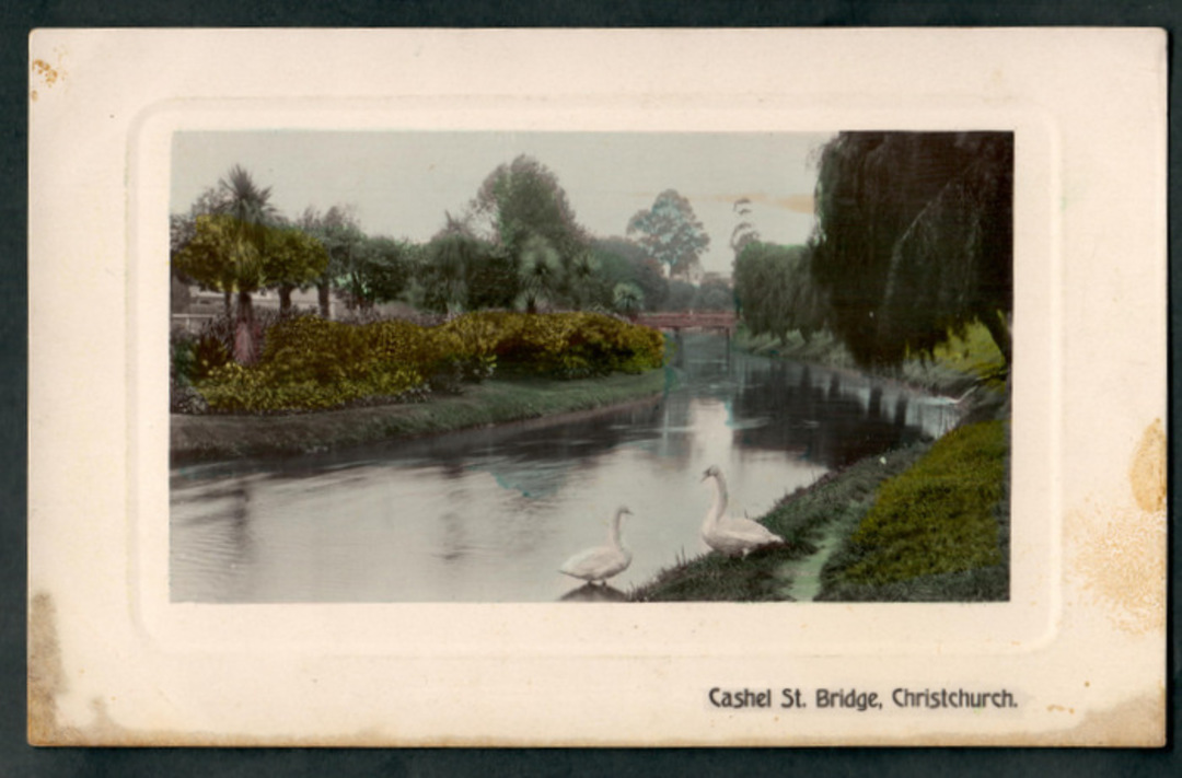 Coloured postcard of Cashel St Bridge Christchurch. Stain. - 48404 - Postcard image 0