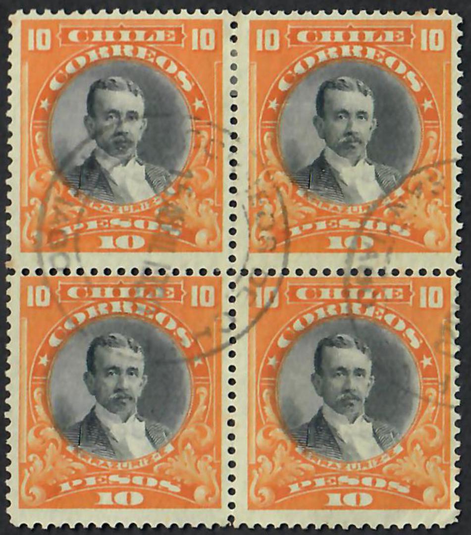 CHILE 1911 Definitive 10p Black and Yellow. Block of 4. Nice cancellation. Superb item. Catalogued by Scott $US 22.00. - 24879 - image 0