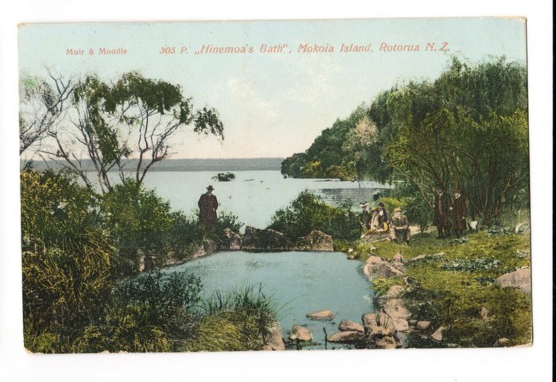 Coloured postcard of Hinemoa's Bath Mokoia Island. - 46036 - Postcard image 0
