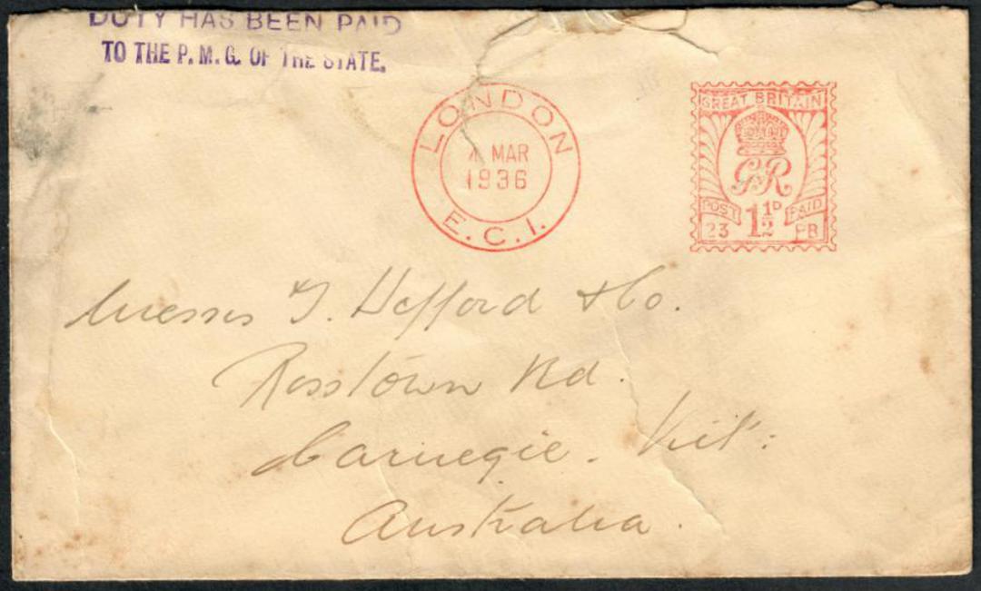 GREAT BRITAIN 1936 Letter to Victoria. Cachet "Duy has been paid to PMG of the State". - 35232 - PostalHist image 0
