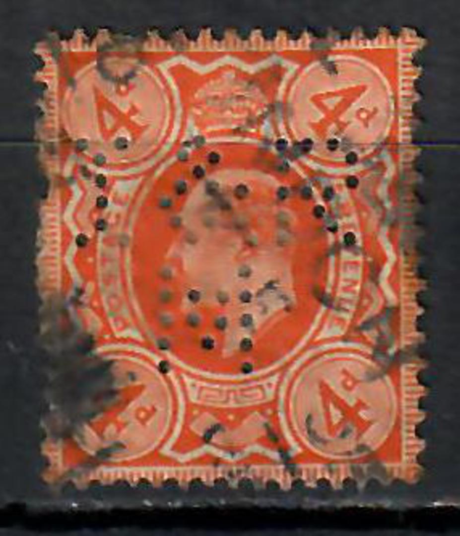 GREAT BRITAIN 1902 Edward 7th Definitive 4d Red-Orange. Perfin I & R over M. Heavy postmark. - 588 - Used image 0