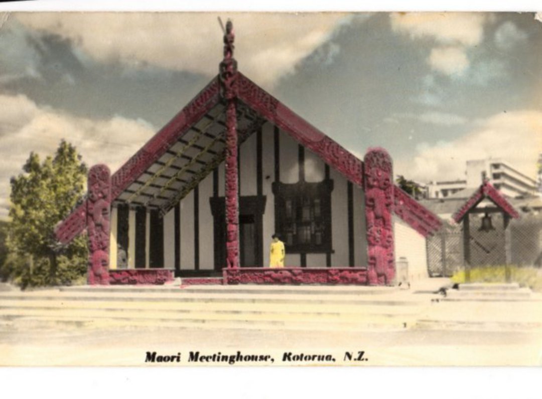 Coloured Real Photograph by N S Seaward of Maori Meetinghouse Rotorua. - 246123 - Postcard image 0
