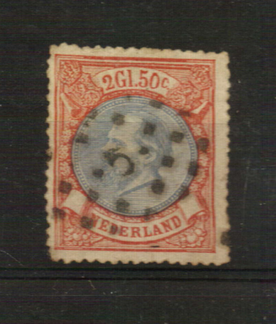 NETHERLANDS 1872 Definitive 2g50c. Ultramarine and Rose. Perf 14. Small holes. Small thin. - 21212 - Used image 0