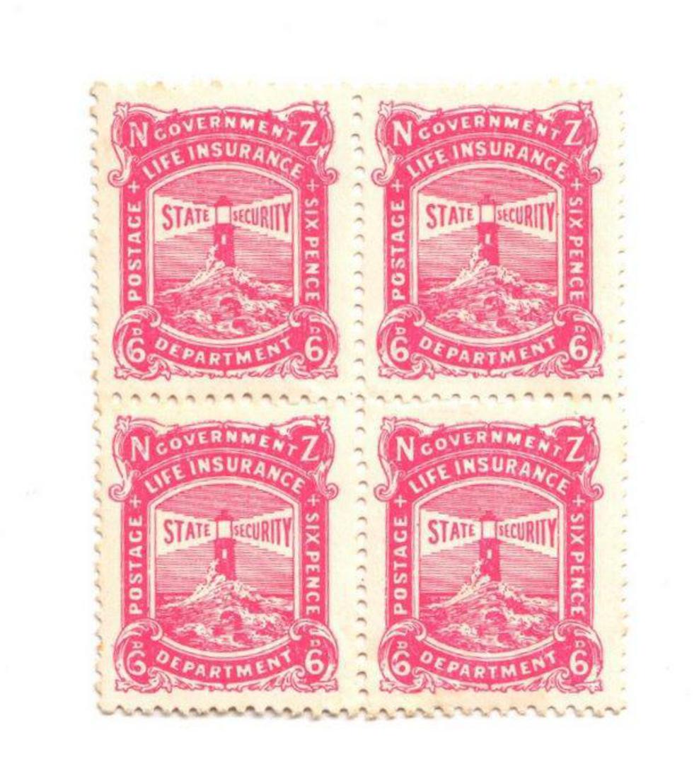 NEW ZEALAND 1937 Life Insurance 6d Pink in block of 4. One stamp hinged. Two unhinged. The fourth (not valued) is toned. - 74700 image 0