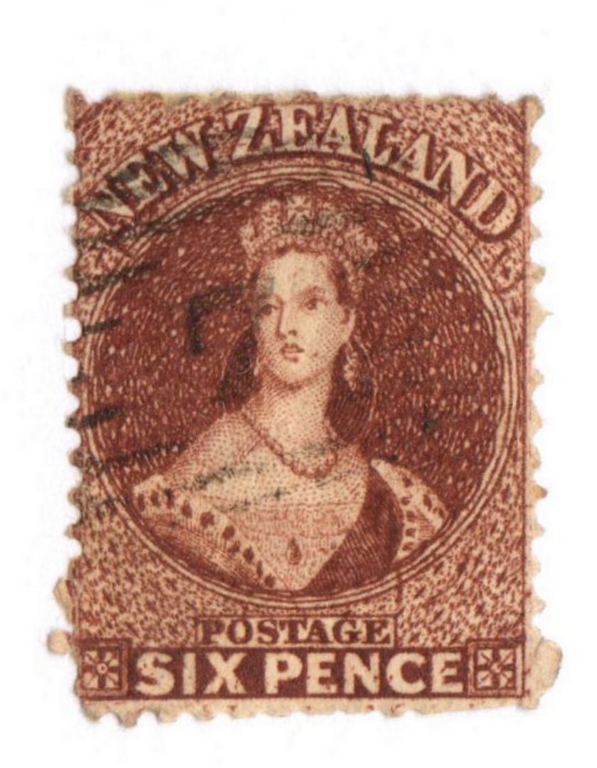 NEW ZEALAND 1862 Full Face Queen 6d Red-Brown. Perf 13. Watermark Large Star. Top row of perfs trimmed and other perf defects. R image 0