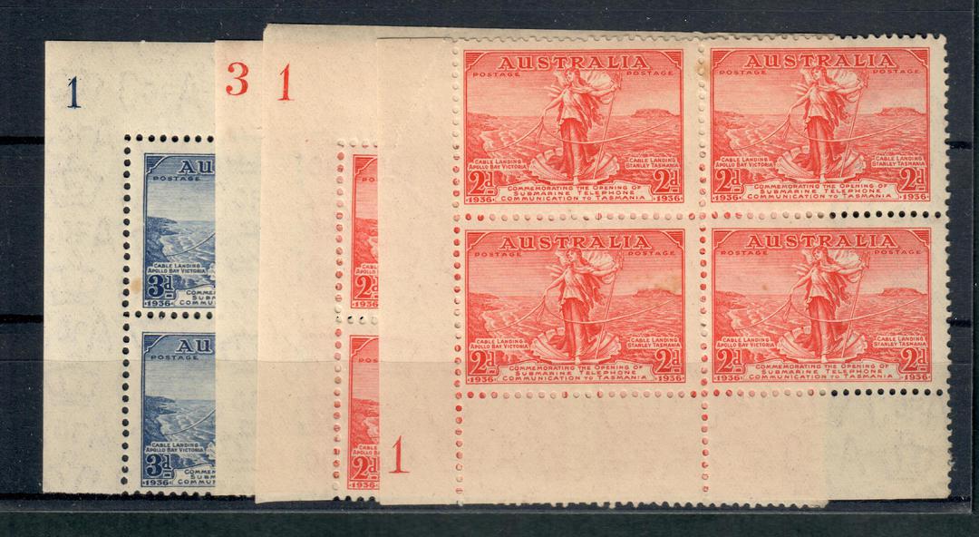 AUSTRALIA 1936 Opening of the Tasmanian Cable. Plate 1 in two positions of the 2d Red Plate 3 of the 2d Red and Plate 1 of the 3 image 0