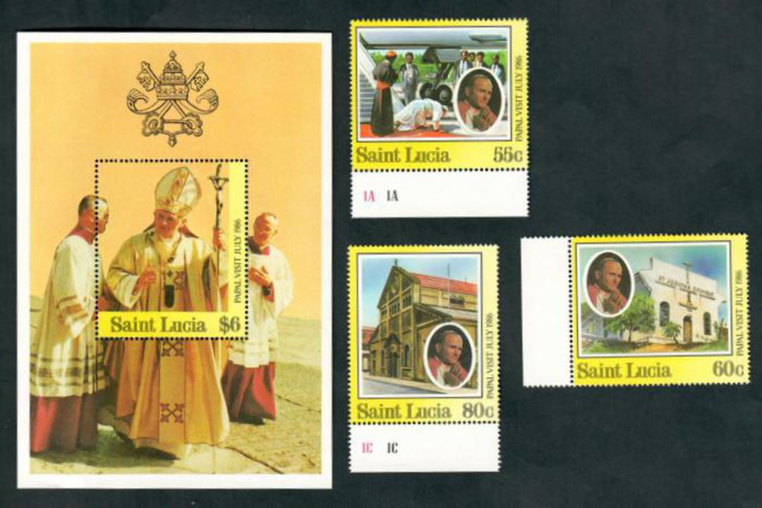 ST LUCIA 1986 Visit of Pope Jean-Paul 2. Set of 3 and miniature sheet. - 52334 - UHM image 0