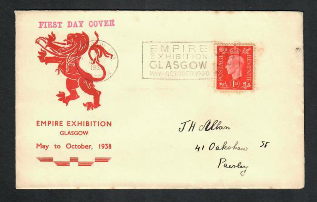 GREAT BRITAIN 1938 Empire Exhibition Glasgow. First day cover with exhibition cancel with Postcard Real Photograph of the Royal image 0
