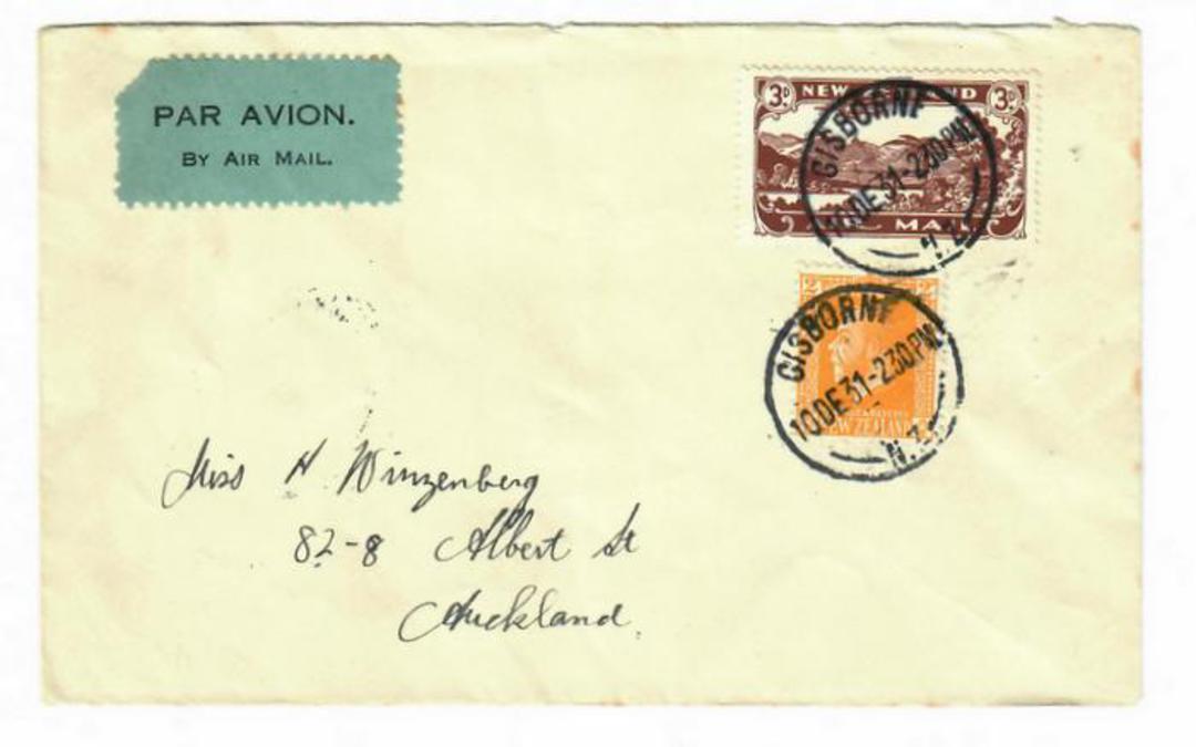 NEW ZEALAND 1931 Flight cover from Gisborne to Auckland 10/12/31. Backstamped Auckland 10/12/31. Period airmail sticker and 3d C image 0