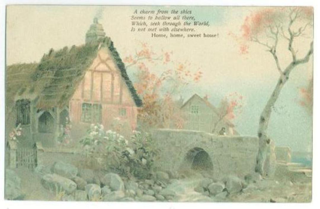 Coloured postcard of a Painting of House and Bridge. Although unidentified it is so delightful. - 40781 - Postcard image 0