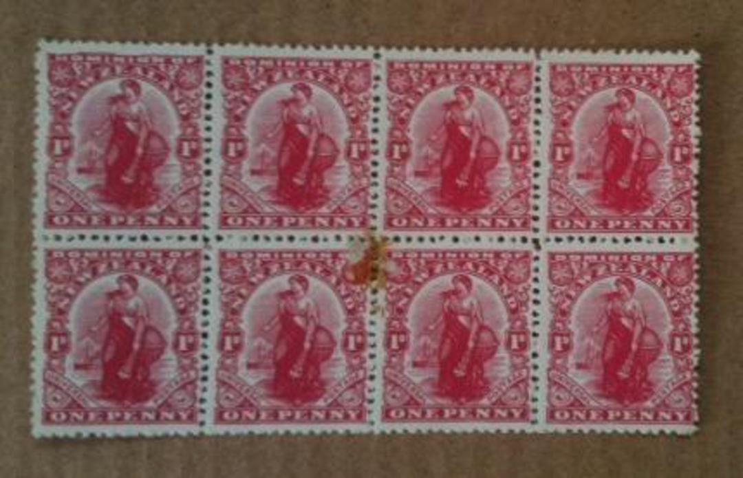 NEW ZEALAND 1909 1d Dominion. Block of 8 but stain restricts the item to two vertical pairs one of which has a large flaw above image 0