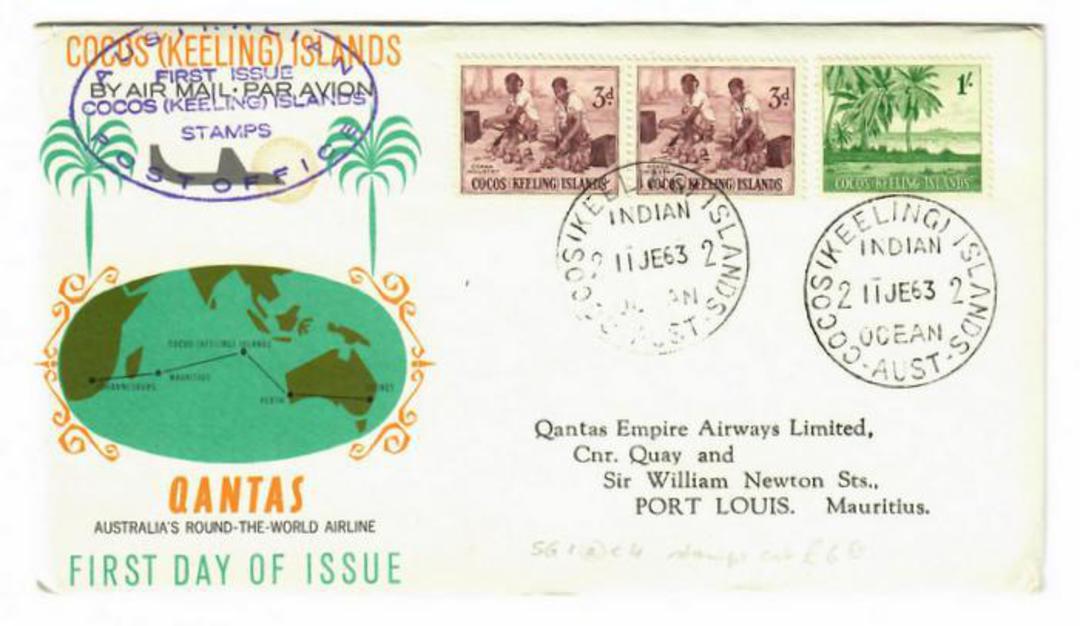 COCOS (KEELING) ISLANDS 1963 Definitive 1/- and 3d on first day cover. - 32141 - FDC image 0