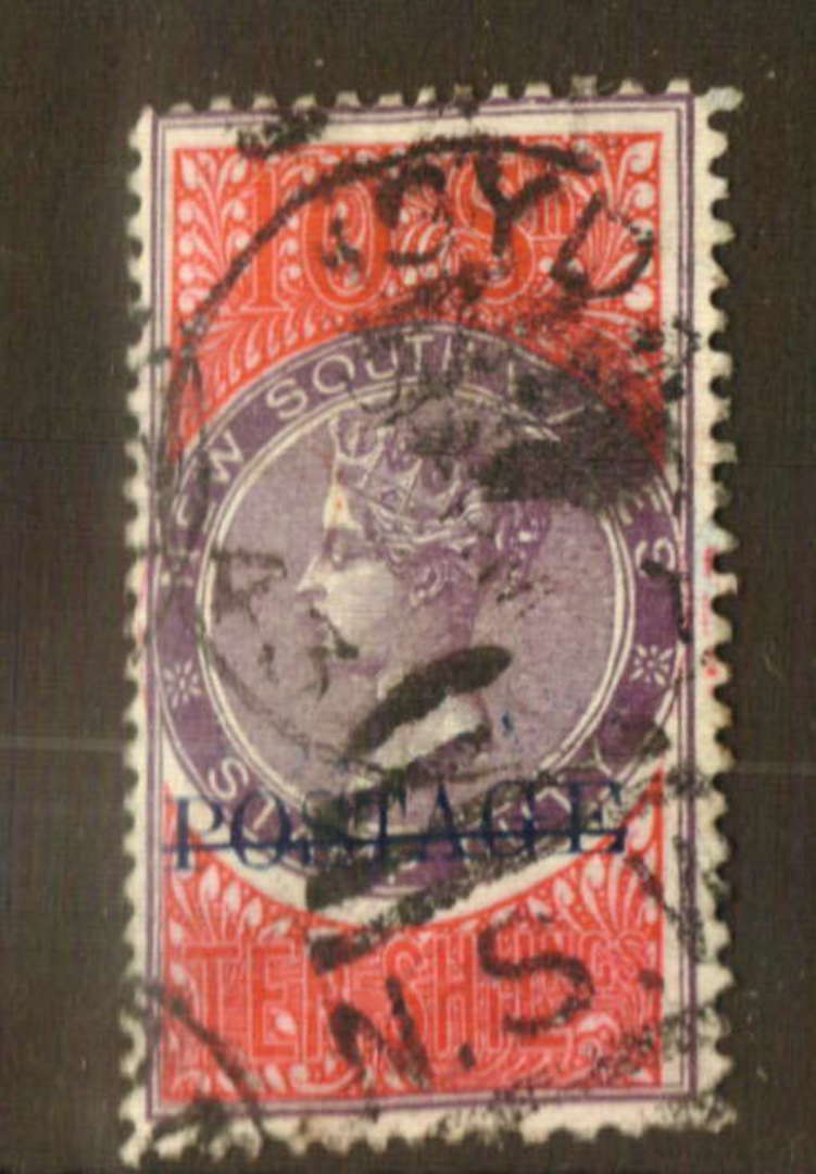 NEW SOUTH WALES 1885 Victoria 1st Stamp Duty 10/- Claret and Lilac Overprinted POSTAGE in Black. Heavy but very genuine cancel. image 0