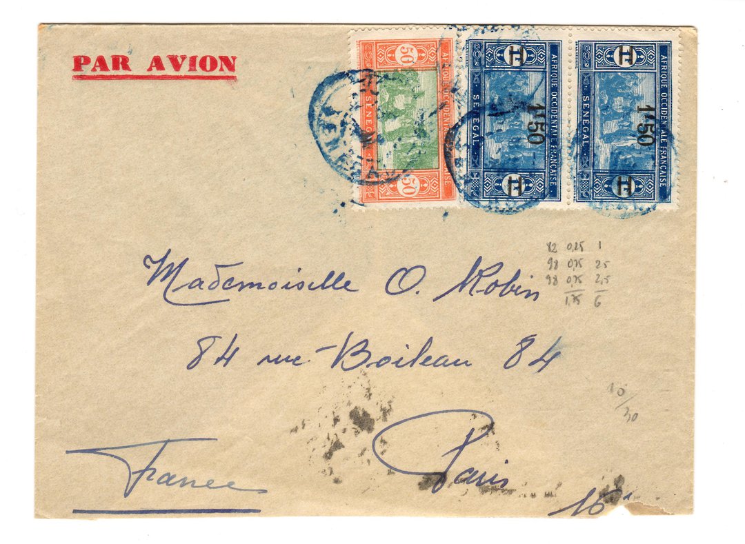 SENEGAL 1936 Airmail Letter from Dakar to Paris. Very untidy. - 38196 - PostalHist image 0