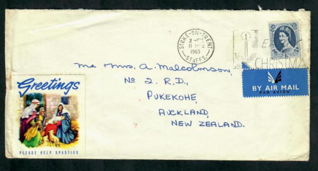 GREAT BRITAIN 1965 Airmail cover to New Zealand with Elizabeth 2nd Wilding 1/6d. Christmas cinderella. - 31738 - PostalHist image 0