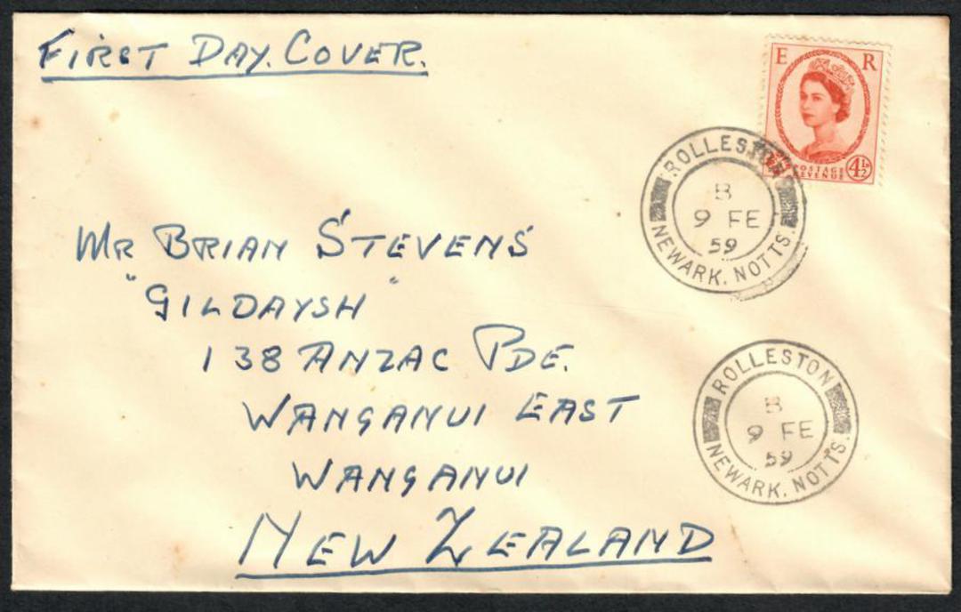 GREAT BRITAIN 1959 Elizabeth 2nd Definitive 4½d Brown on first day cover 9/2/1959 sent to New Zealand. image 0
