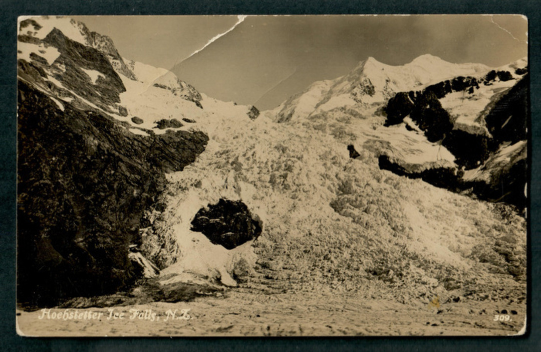Real Photograph by Tanner Bros Ltd of the Hochstetter Ice Falls, Mount Cook. Torn. - 48857 - Postcard image 0