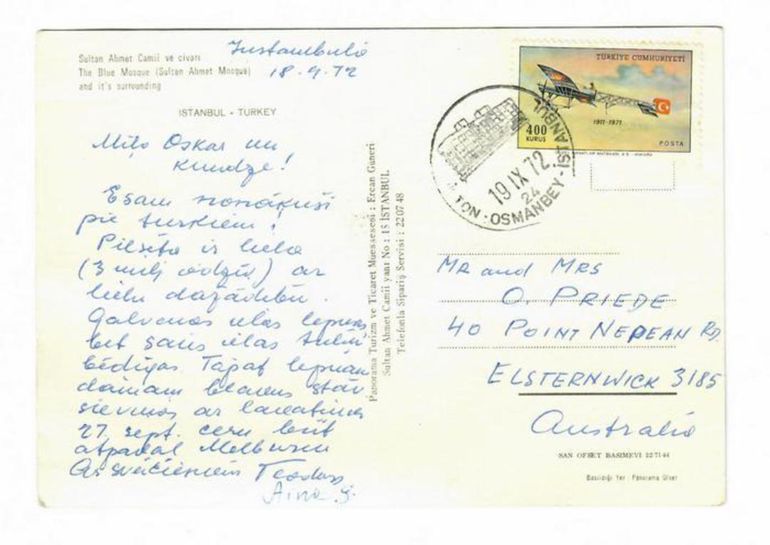 TURKEY 1972 Postcard to Australia. Nice stamp Aeroplane. - 32049 - Postcard image 0