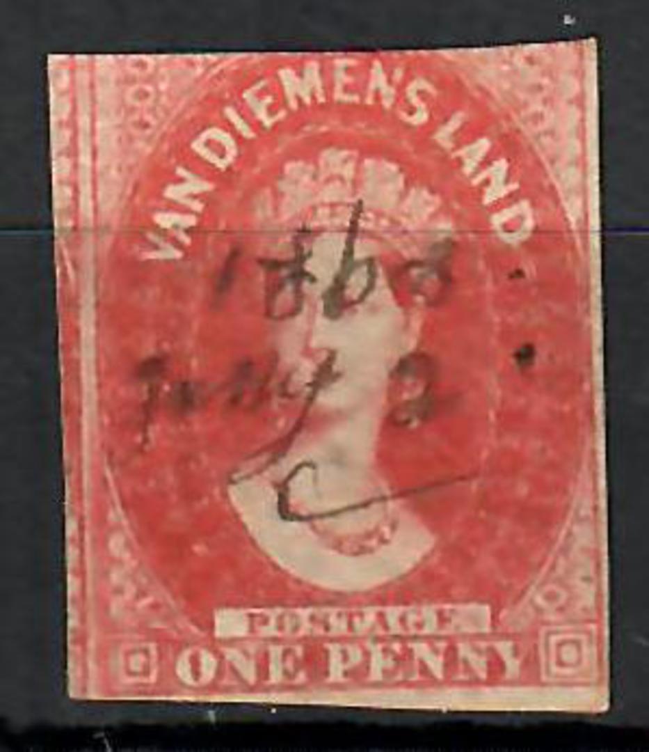 TASMANIA 1857 Victoria 1st 1d Brick-Red. Pen cancel but identified as for "postal use" on 2/1/1863. - 70447 - Used image 0