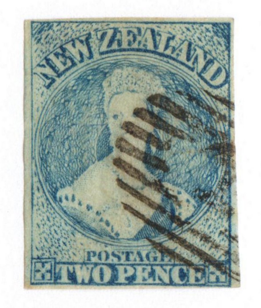 NEW ZEALAND 1864 Full Face Queen 2d Pale Blue. Plate 1 worn. Watermark NZ. Imperf. Four excellent margins. Bars cancel over face image 0