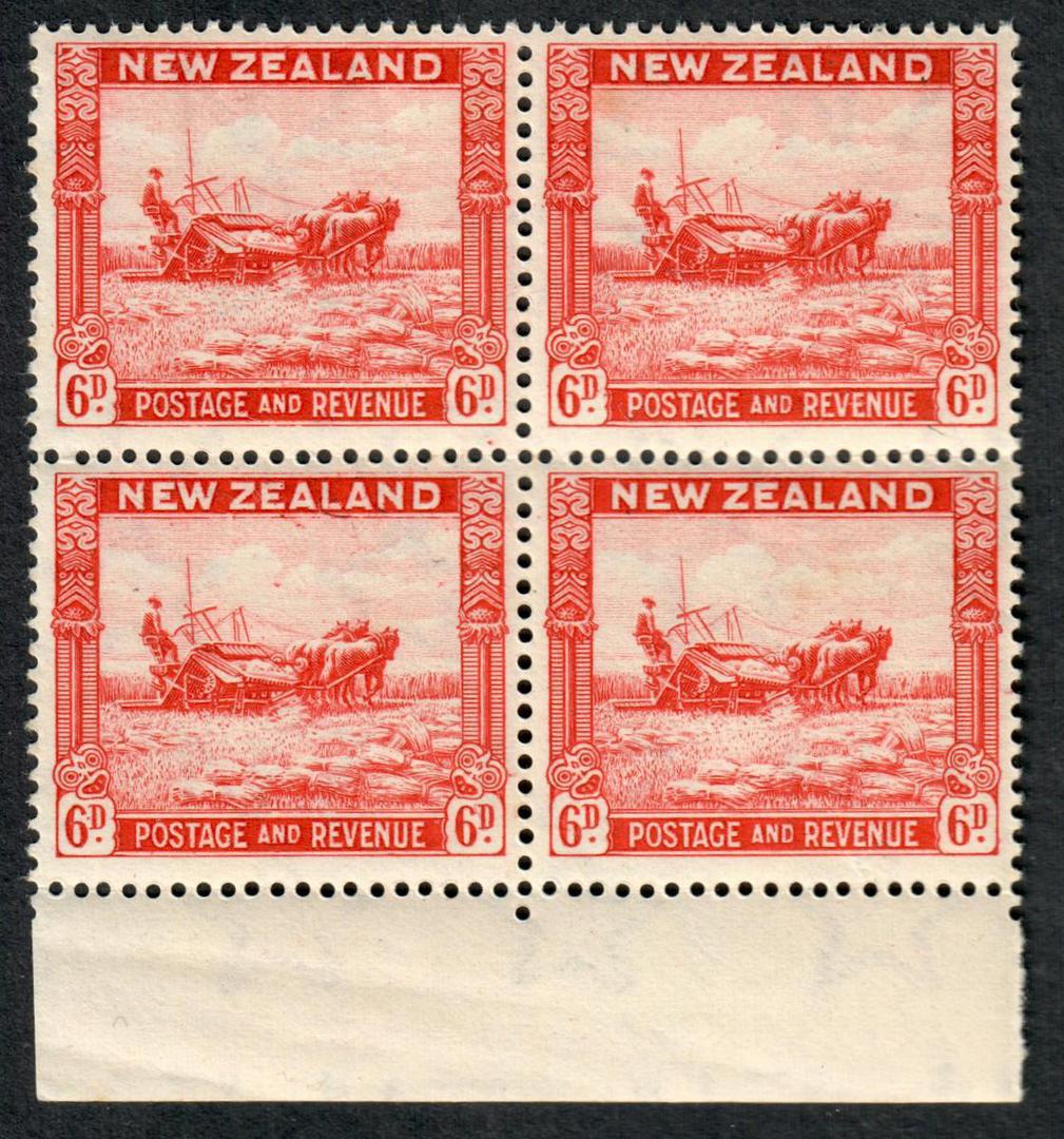 NEW ZEALAND 1935 Pictorial 6d Harvester. Perf 14½x14. Fine paper. Block of 4. - 75179 - UHM image 0