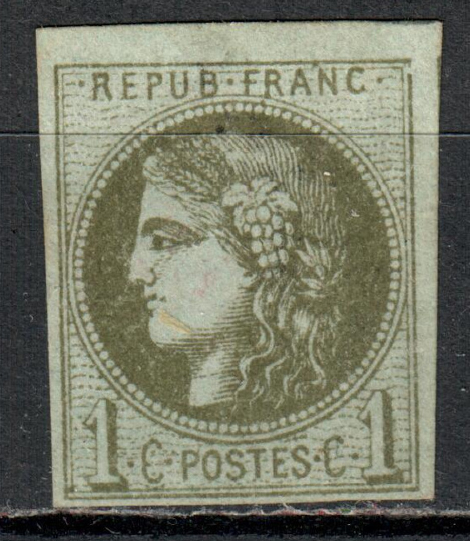 FRANCE 1870 Bordeaux printing. 1c Olive or Deep Olive Green. Fine copy with four margins. - 71058 - MNG image 0