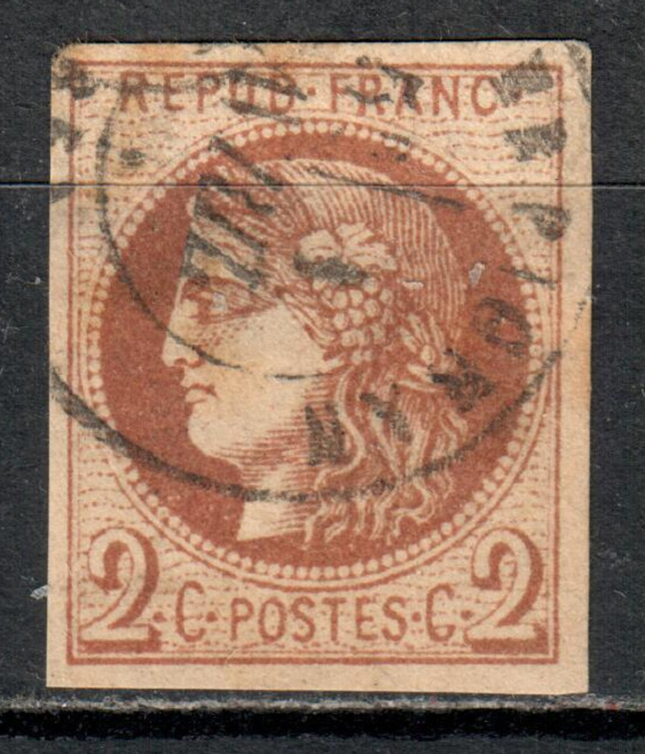 FRANCE 1870 Bordeaux printing. Chestnut on cream paper, Pearls not joined at 9 o'clock. 2c type A fine used cds Perdignan. Shall image 0