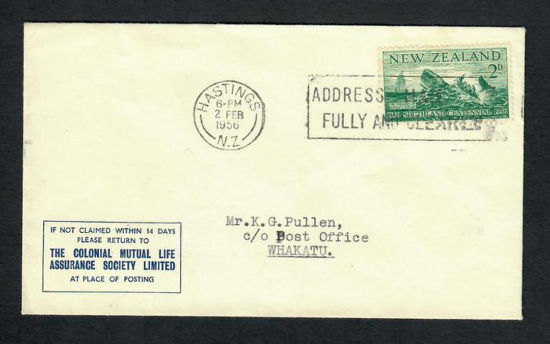 NEW ZEALAND 1956 Cover The Colonial Mutual Life Assurance Society Limited Hastings. Genuine usage of 2d Southland Centennial. - image 0
