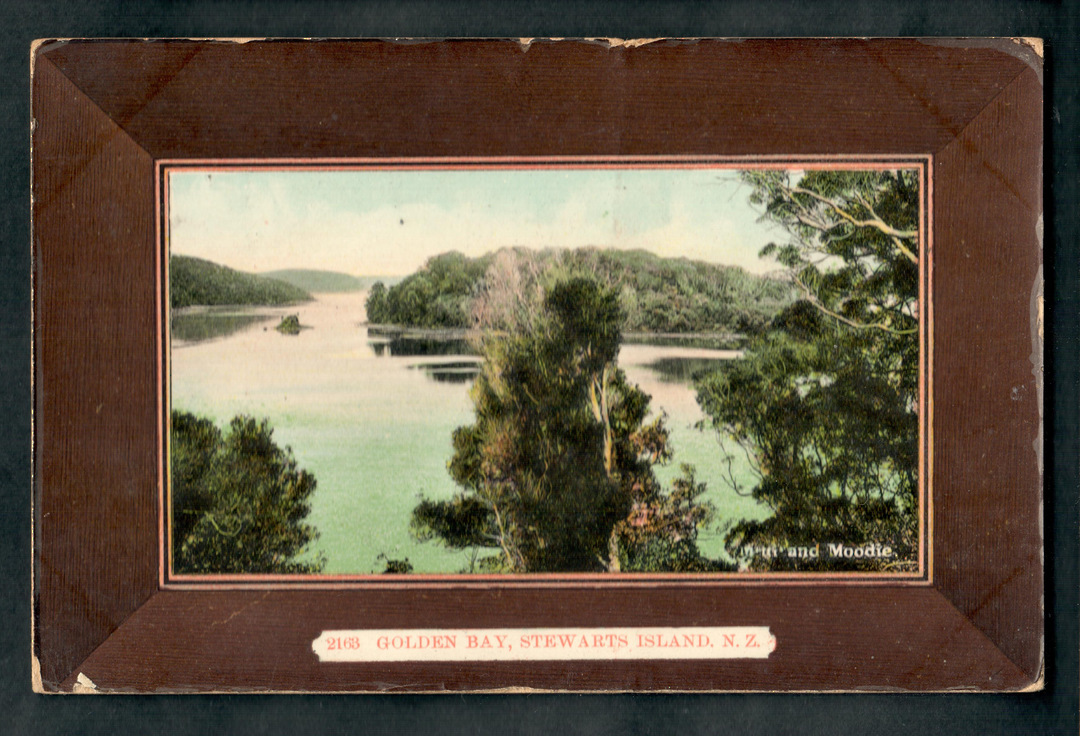 Coloured postcard by Muir and Moodie of Golden Bay Stewart Island. One of the bays on Patersons Inlet. - 49330 - Postcard image 0