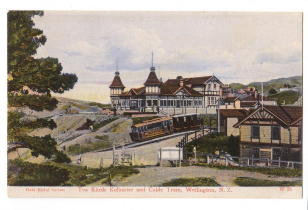 Coloured postcard of Tea Kiosk Kelburne and Tramway Wellington. - 47743 - Postcard image 0