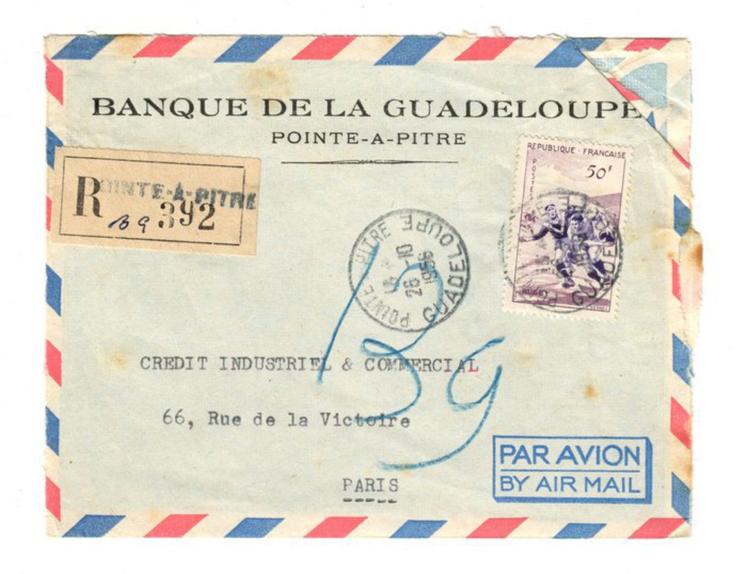 GUADELOUPE 1956 Registered Airmail Letter from Pointe a Pitre to Paris. - 37611 - PostalHist image 0