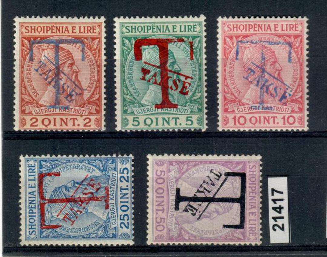 ALBANIA 1914 Postage Due. Set of 5. Large T handstamp and takse. All with either 1 or 2 authentication marks on back. - 21417 - image 0