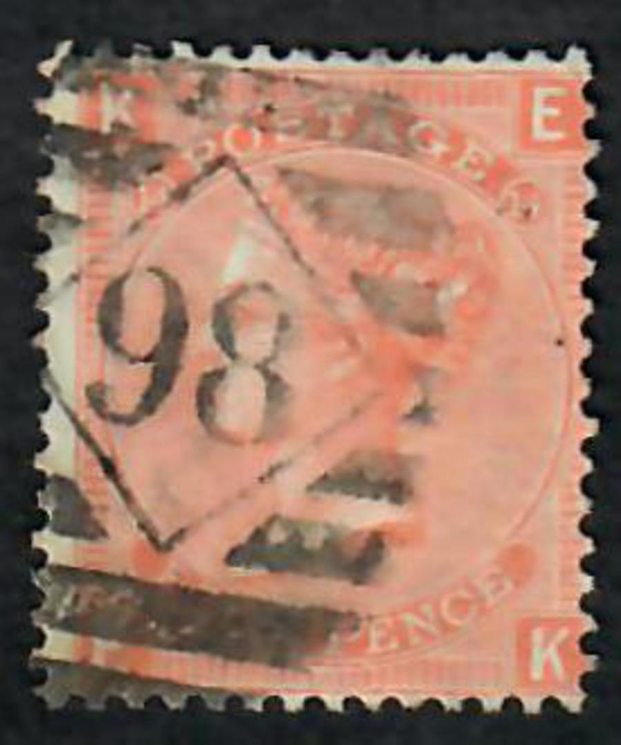 GREAT BRITAIN 1865 4d Vermillion. Plate 14. Nice copy Pmk 98 in diamond bars. Centred slightly South East. - 70252 - Used image 0