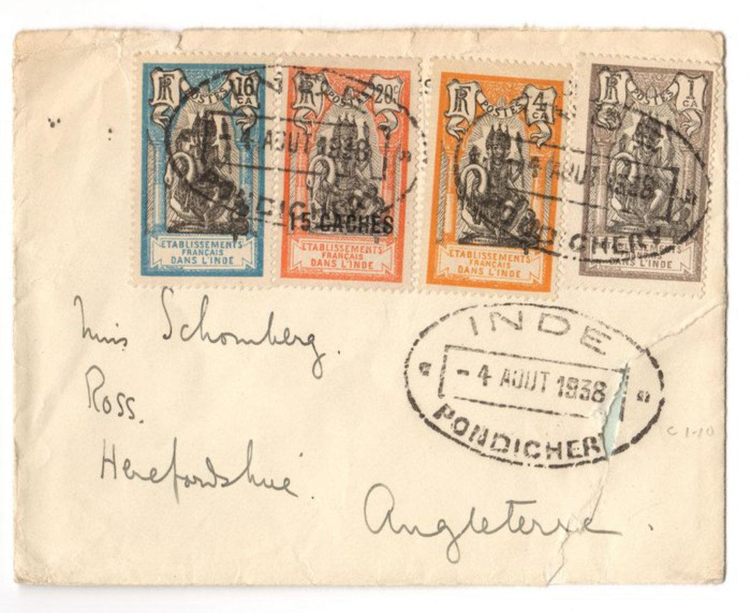 FRENCH INDIAN SETTLEMENTS 1938 Letter from Pondicherry to England. - 37521 - PostalHist image 0
