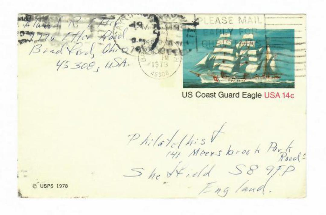 USA 1979 Postcard (Postal Stationary) to England with US Coast Guard Eagle printed stamp. image 0
