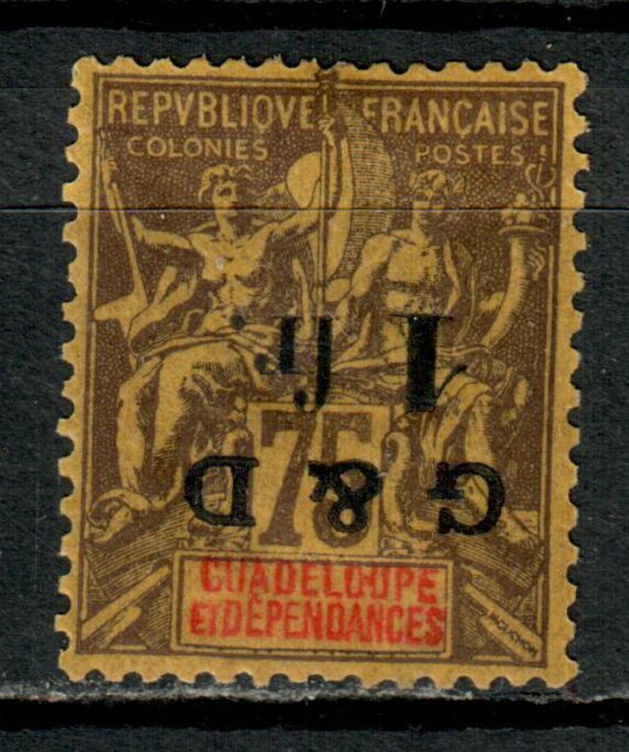 GUADELOUPE 1903 Definitive Surcharge 1fr on 75c Brown on yellow. The surcharge is inverted. I think it is 23/15 (SG 57g) not 27/ image 0