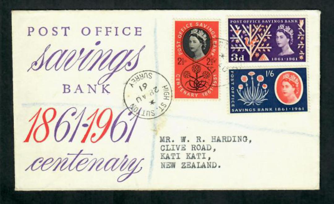GREAT BRITAIN 1961 Centenary of the Post Office Savings Bank. Set of 3 on first day cover. - 31735 - FDC image 0