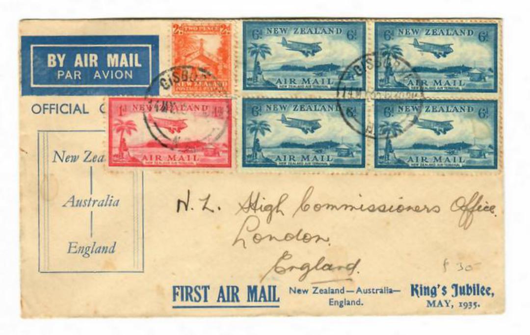 NEW ZEALAND 1935 Jubilee Air Mail. First Air Mail New Zealand-Australia-England. Postmarked GISBORNE 14/5/35. Addressed to the N image 0
