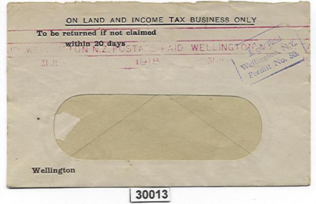 NEW ZEALAND 1918 Window envelope 31/7/18 On Land and Income Tax Business Only. Purple 1½d  Paid Wellington NZ Permit No 50. Slog image 0