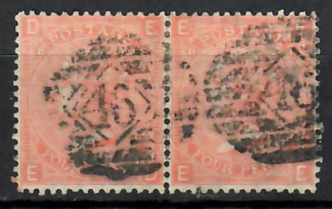 GREAT BRITAIN 1865 4d Deep Vermillion. Pair with postmark 46 in diamond in bars. Letters DEED and EEEE. - 70616 - Used image 0
