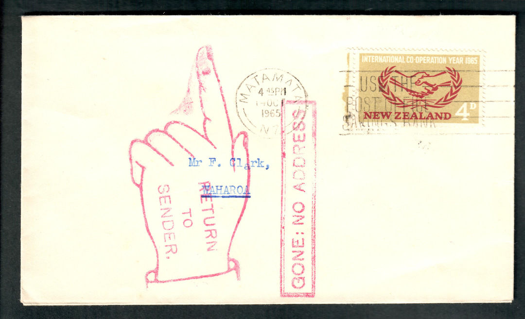 NEW ZEALAND 1965 Letter from Matamata to Waharoa. Red Cachet "Gone No Address". Standard Red Cachet Return to Sender" in Hand. - image 0