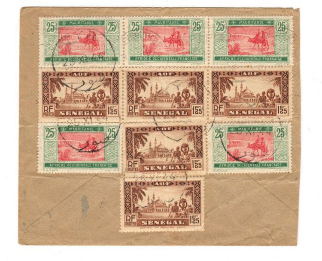 FRENCH WEST AFRICA 1944 Cutout from parcel with 5 very fine used stamps from SENEGAL and 5 from MAURITANIA. - 537516 - FU image 0