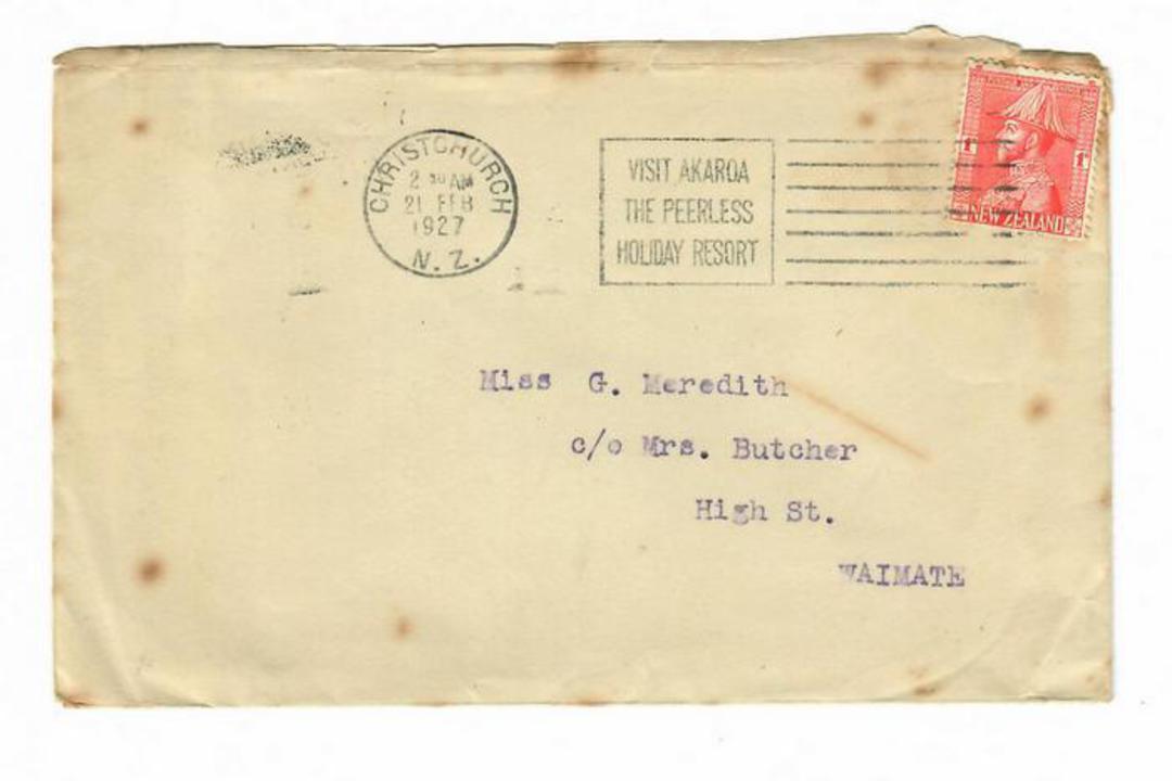 NEW ZEALAND 1927 Geo 5th Field Marshall 1d Red on cover. CP K15b. Slogan Postmark Christchurch 21/2/27.  CP has March as the dat image 0