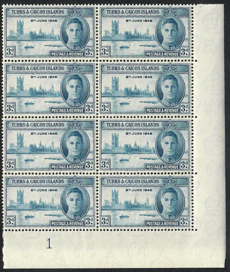 TURKS & CAICOS ISLANDS 1946 Victory. Set of 2 in Plate Blocks of 8. Very lightly hinged. - 23015 - LHM image 1