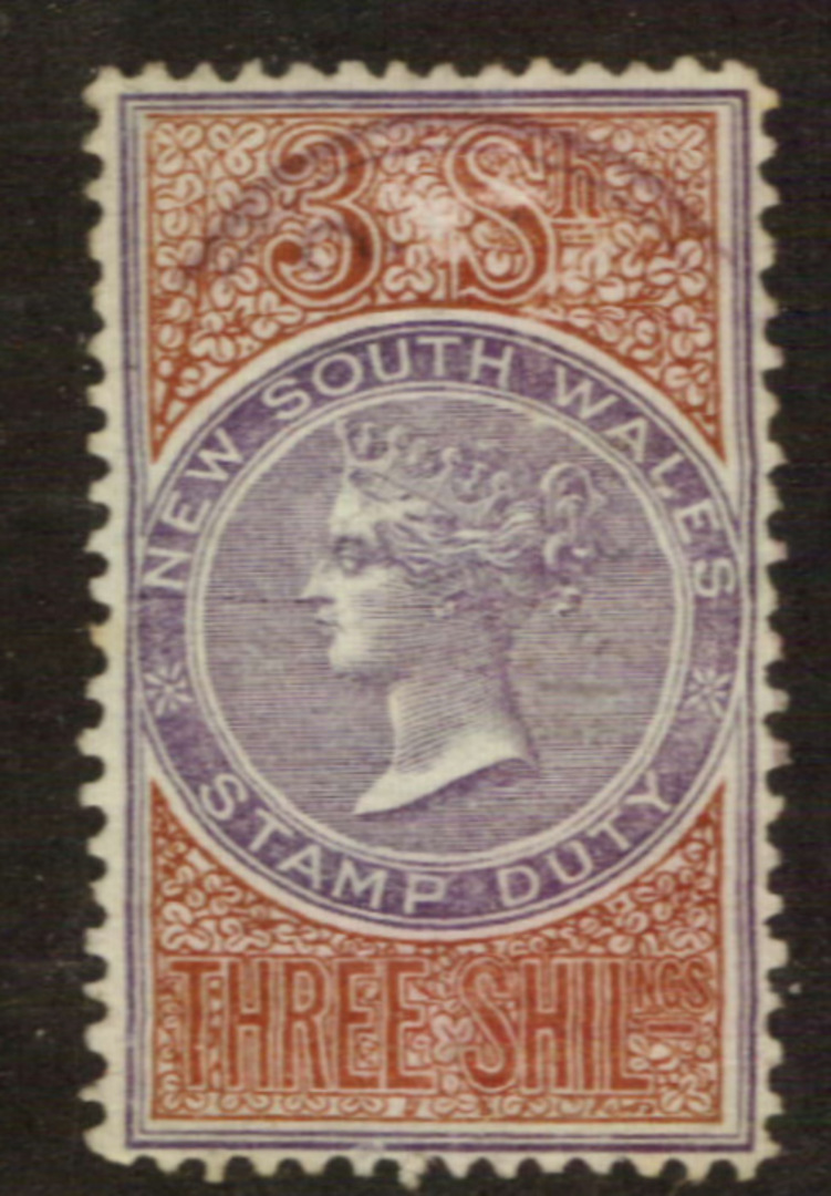 NEW SOUTH WALES 1868 Stamp Duty 3/- Brown and Lilac. Watermark NSW Sideways Inverted. Not listed. - 76135 - Fiscal image 0